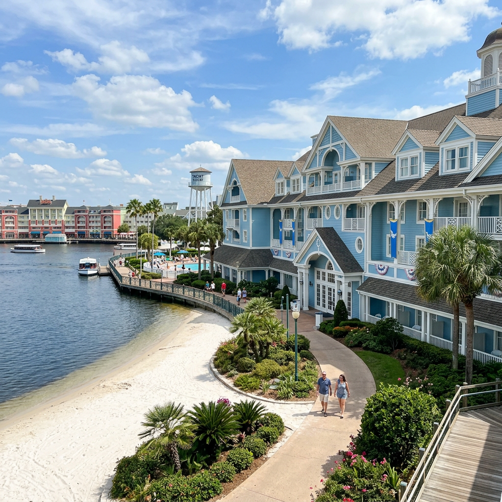 Couple walking on a path by a blue lakeside resort with boats on the water